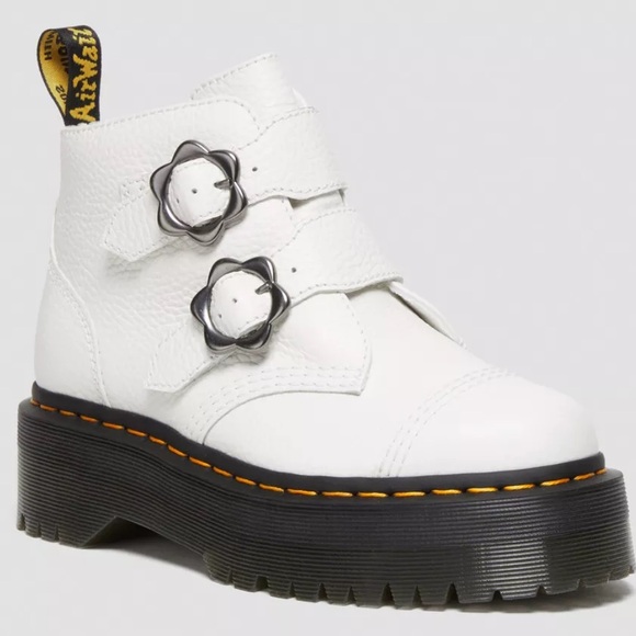 Dr. Martens Shoes - Dr.Martens Devon Flower Buckle Leather Platform Boots White size 9